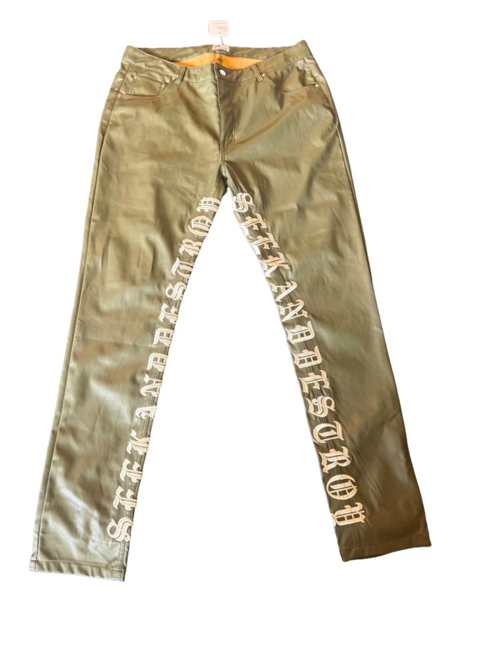 Men's Olive Straight-Leg Leather pants with White Script Embroidery- Size 38/2X